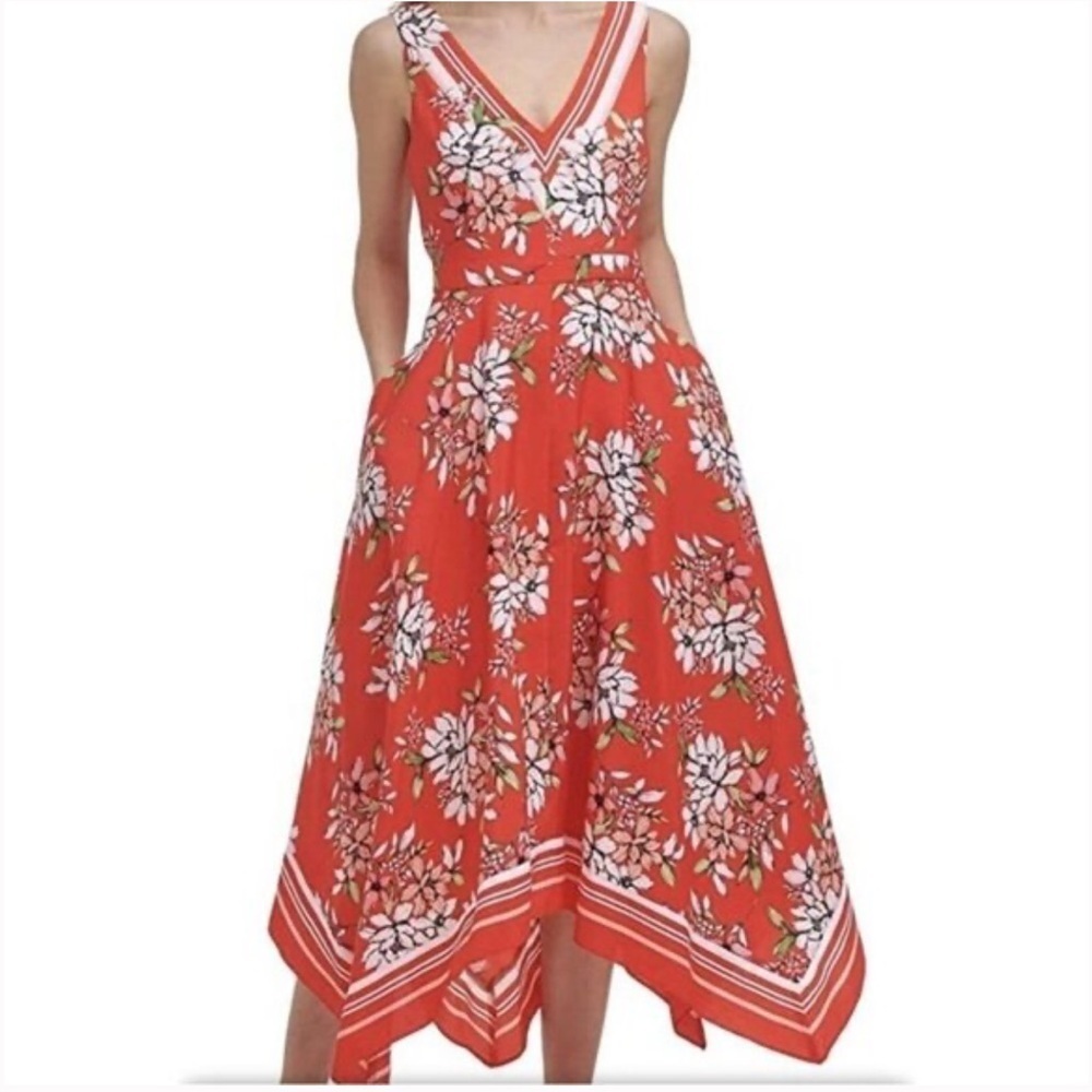 Vince Camuto Red Floral Handkerchief Hem Midi Dress Women's